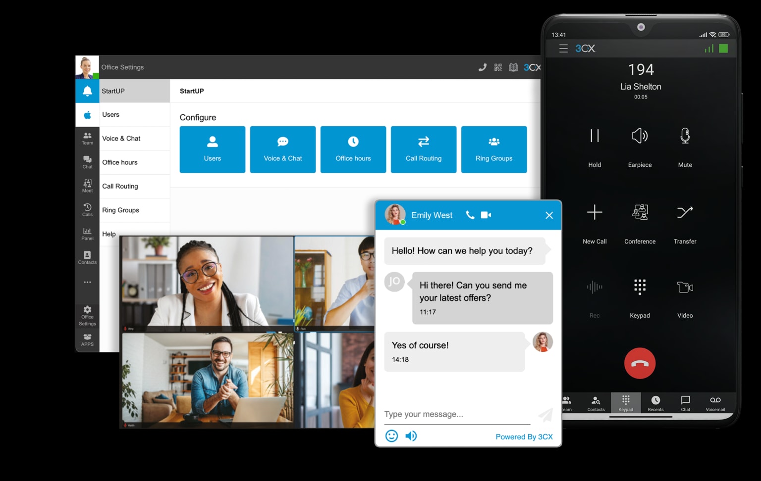 3CX App auf einem Smartphone, Live-Chat im Vordergrund, im Hintergrund die 3CX Webapp